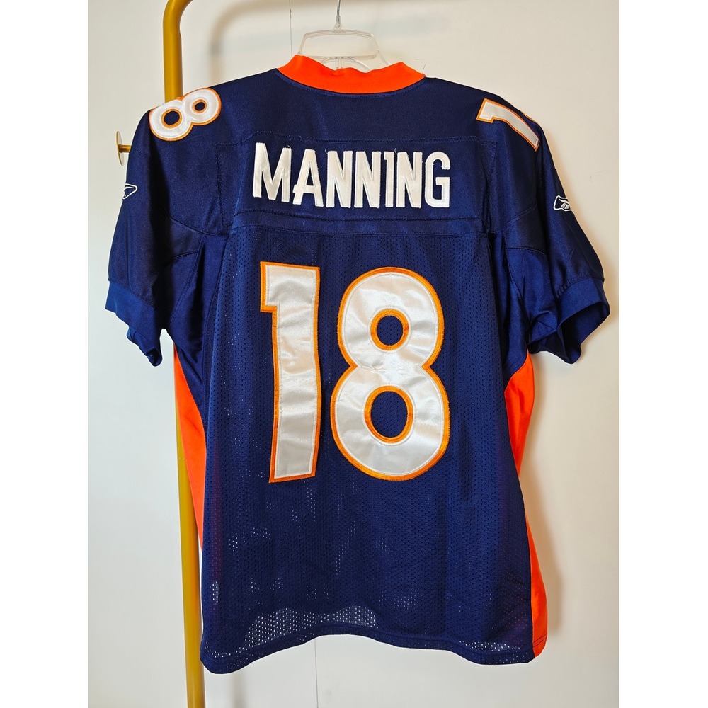 Peyton Manning Reebok NFL Denver Broncos Jersey Navy Blue Orange #18 Mens 50